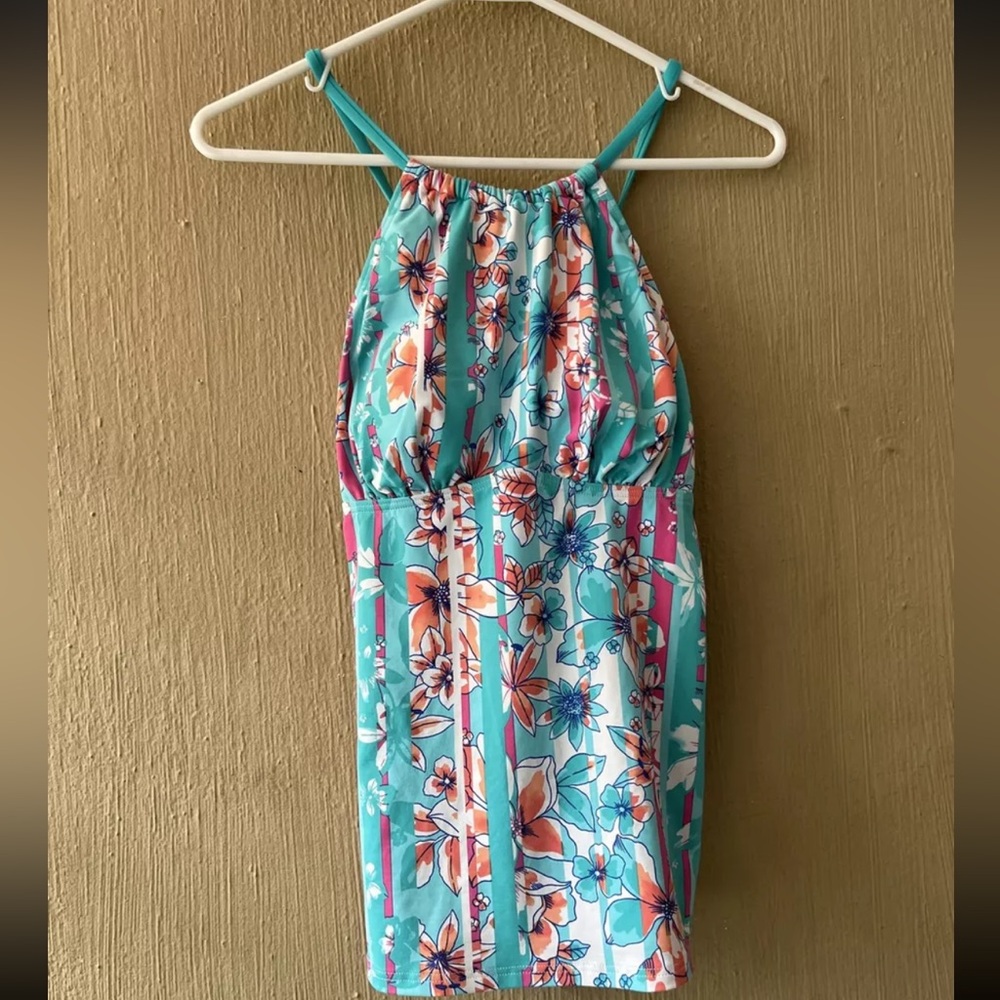 Lands End Swim Suit Top Keyhole Teal high neck tankini 500527 sz 8 swimsuit